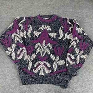 VTG Zeppelin Sweater Mens Large Purple Pullover Acrylic Fuzzy Retro Abstract 90s